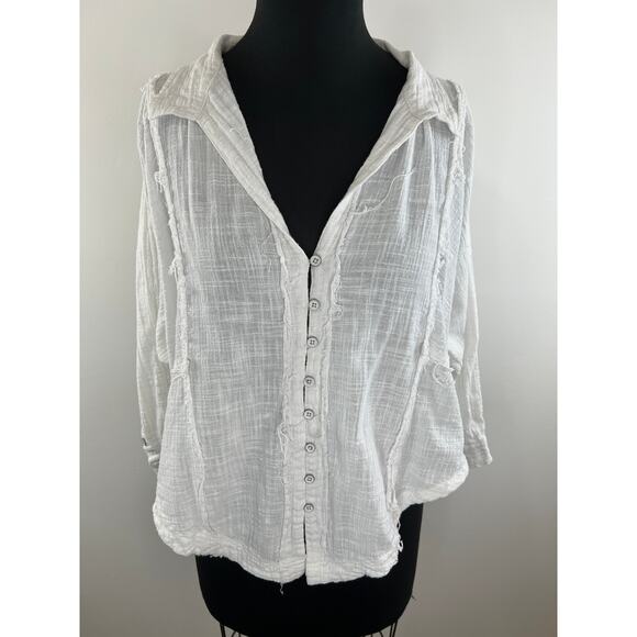 We The Free Ivory Button Down Long Sleeve Cotton Collared Shirt Size XS - Picture 2 of 8